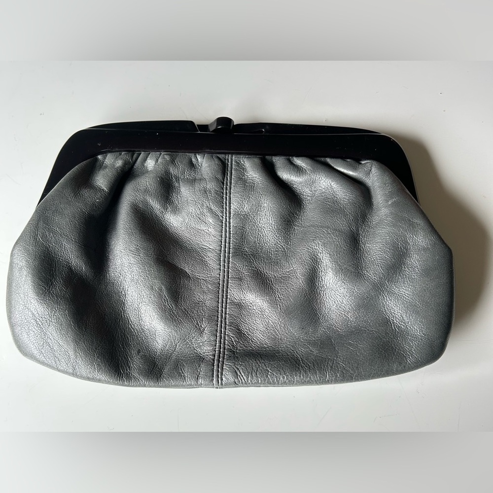 Everyday Faux Leather Gray Y2K Clutch W/ Kiss Lock Closure; Vinyl Lining